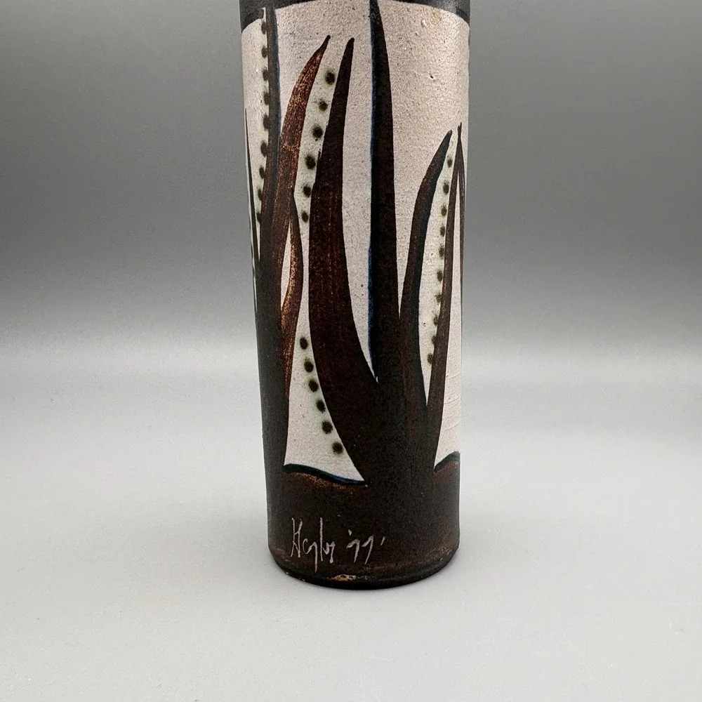 Vintage Scandinavian Vase Signed Leaves MCM Brown White 5.75